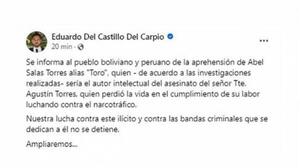 Ministro boliviano informó captura de homicida de policía y paraguayo, pero luego borró la publicación