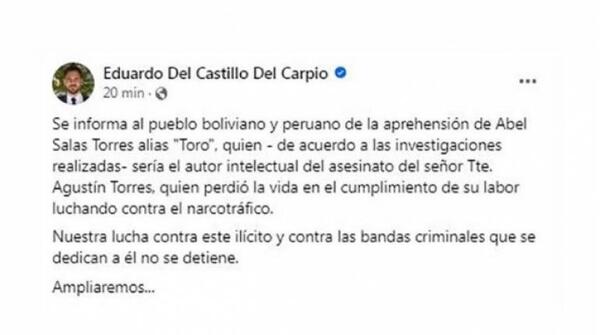 Ministro boliviano informó captura de homicida de policía y paraguayo, pero luego borró la publicación