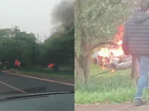 VIDEO). Conductor pierde la dirección de su rodado, vuelca y luego se incendia