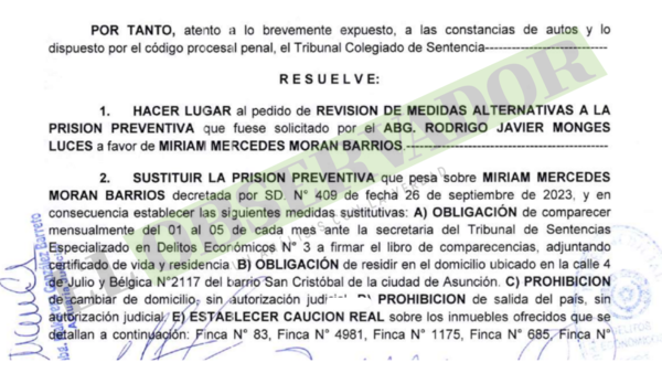 Tribunal otorga libertad ambulatoria a esposa de Boscatto, condenada por lavado de dinero