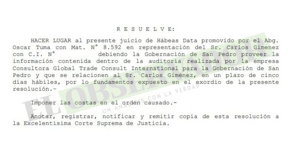 Gobernación deberá remitir informe de auditoría a exgobernador, mediante hábeas data