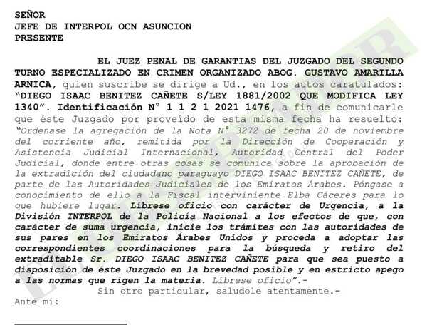 Remiten oficio a INTERPOL para ejecutar extradición de Diego Benítez con urgencia