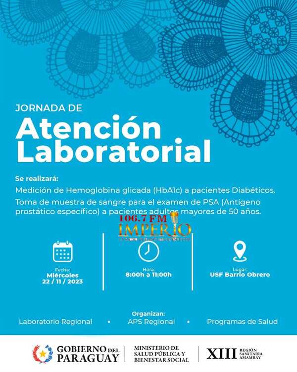 Unidad de Salud Familiar de barrio Obrero brindará jornada de atención laboratorial - Radio Imperio 106.7 FM
