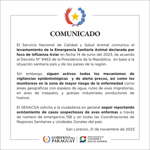 Senacsa levanta emergencia sanitaria animal