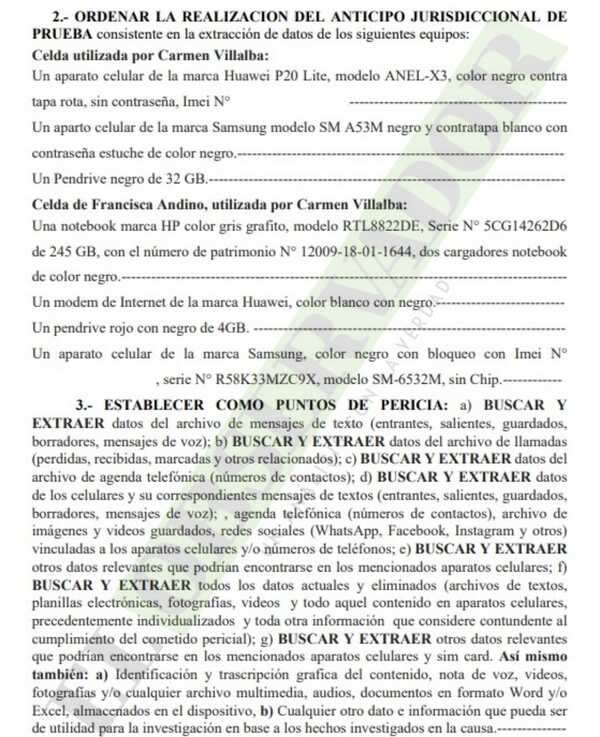 Peritarán dispositivos incautados de las celdas de Carmen Villalba y Francisca Andino