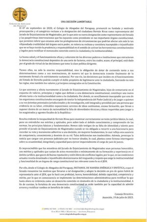 Colegio de Abogados rechaza la designación de Hernán Rivas como representante del JEM
