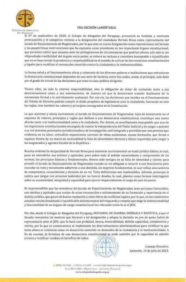 Colegio de Abogados rechaza la designación de Hernán Rivas como representante del JEM