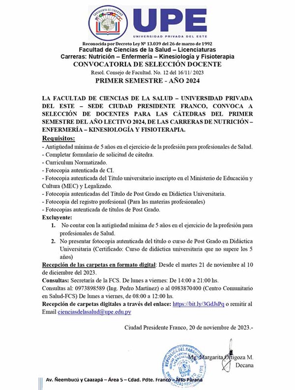 UPE realiza selección de docentes para Facultad de Ciencias de la Salud | DIARIO PRIMERA PLANA