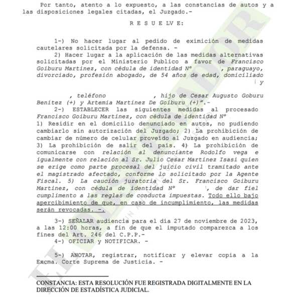 Otorgan libertad ambulatoria a imputado juez de Paz de Ybycuí