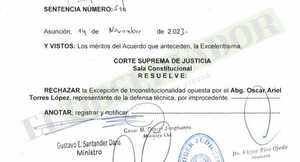 Sala Constitucional rechaza excepción planteada por presunto torturador contra avance de la causa