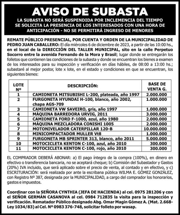 Anuncian que subasta en el taller municipal no se suspenderá por lluvia - Radio Imperio 106.7 FM