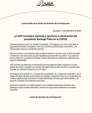 La UGP respalda la postura de Peña en la COP28 ante negociaciones con la Unión Europea - El Trueno