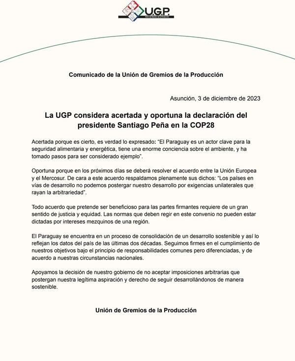 La UGP respalda la postura de Peña en la COP28 ante negociaciones con la Unión Europea - El Trueno