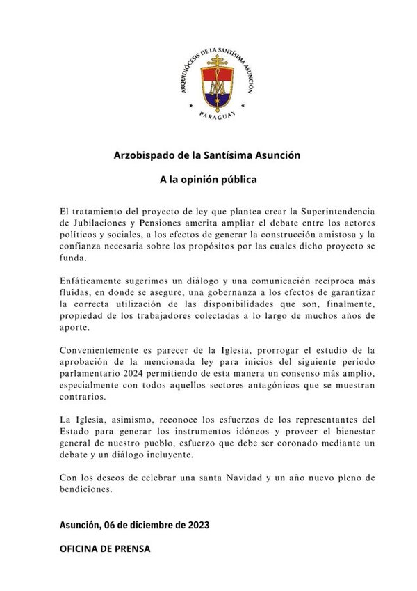 Arzobispado pidió postergar el estudio del proyecto de Superintendencia de Jubilaciones y Pensiones - El Trueno