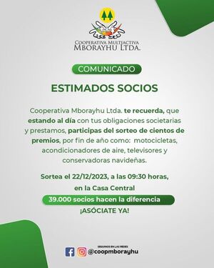 Cooperativa Multiactiva Mborayhu Ltda. anuncia sorteo de premios de fin de año