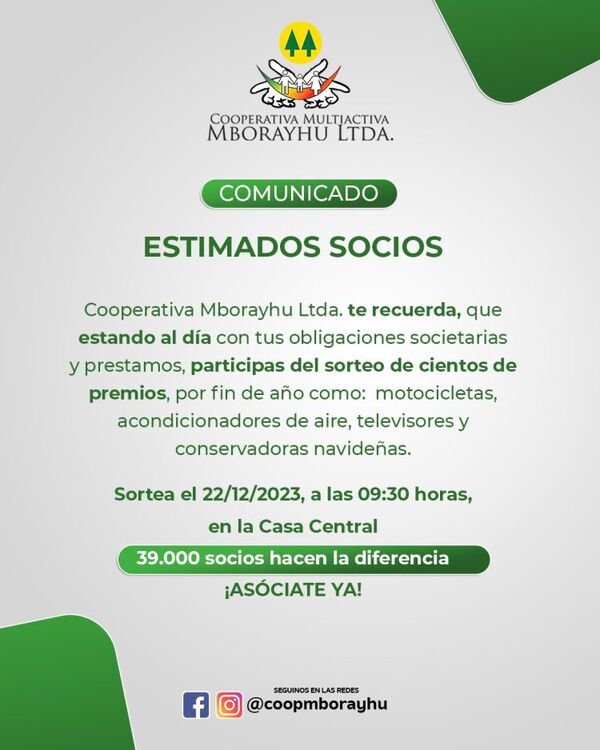 Cooperativa Multiactiva Mborayhu Ltda. anuncia sorteo de premios de fin de año
