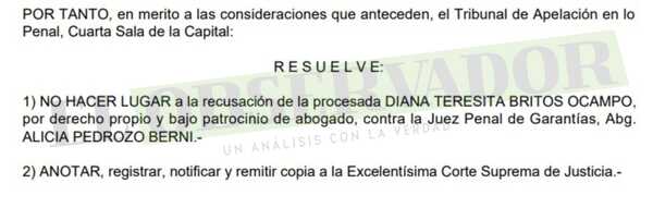 Tribunal rechaza recusación ante insuficiencia de argumentos por parte de imputada