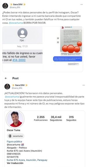 Sara Dihl le reclamó a Oscar Tuma que haya publicado sus datos personales - Teleshow