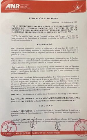 ANR expresó su respaldo al Gobierno en la cuestión de la Superintendencia de Jubilaciones - El Trueno