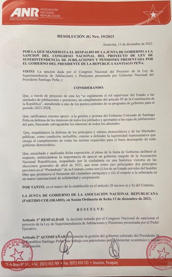 ANR expresó su respaldo al Gobierno en la cuestión de la Superintendencia de Jubilaciones - El Trueno