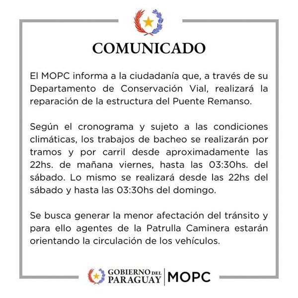 MOPC anuncia tareas de reparación en el Puente Remanso