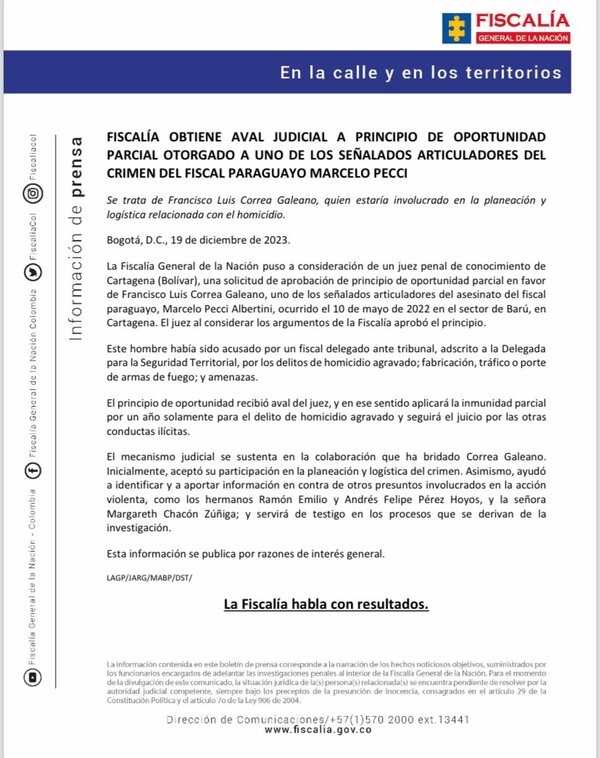 Aprueban oportunidad parcial para que Correa Galeano siga colaborando con caso Pecci | 1000 Noticias