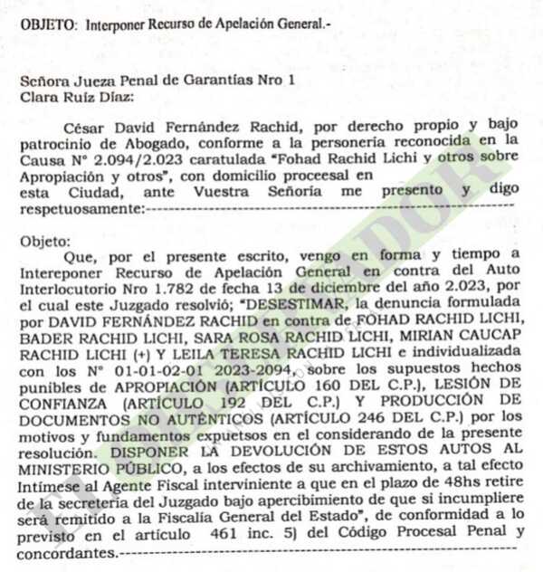 Apelan desistimiento de denuncia contra Bader Rachid Lichi en una causa por apropiación de acciones