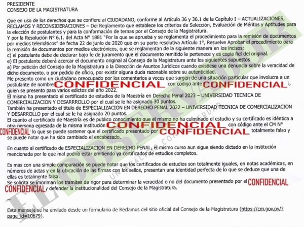 Consejo oculta nombre de postulante denunciado ante la Fiscalía por fraude
