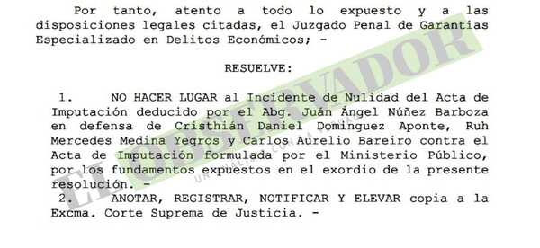 Rechazan nulidad de imputación en el caso del diputado Samaniego