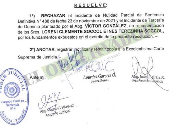 Rechazan incidente de nulidad contra comiso de estancia de Pavão
