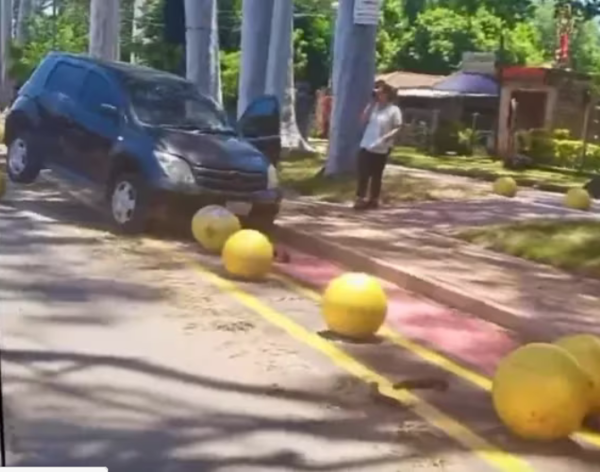 Un automóvil ya se llevoma katu por delante varias bolas que divide la ruta de la bicisenda en Sanlo