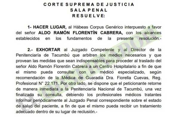 Sala Penal hace lugar a traslado de interno de Tacumbú a un hospital debido a su grave estado de salud
