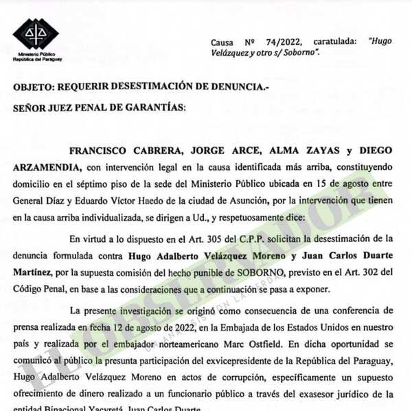 Solicitan desestimar denuncia al exvicepresidente Hugo Velázquez y Juan Carlos Duarte