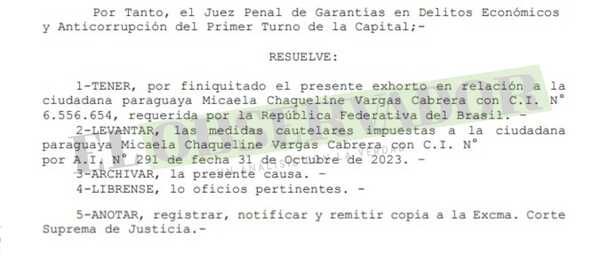 Archivan exhorto de extradición de paraguaya al Brasil tras cumplirse dicho proceso