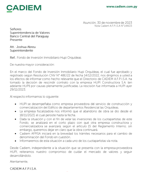 Cadiem rescinde el contrato con Hupi debido al abandono de las obras - Informatepy.com