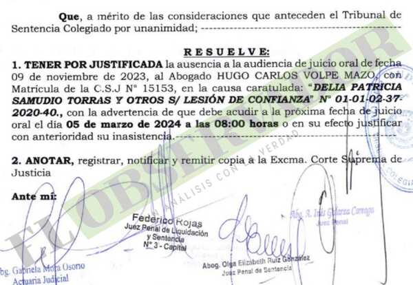 Tribunal resuelve no sancionar a Hugo Volpe y advierte sobre comparecencia en juicio