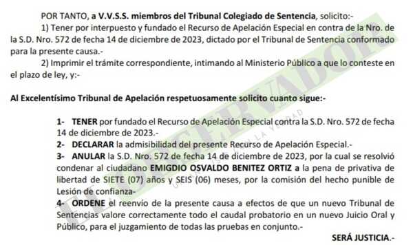 Exgobernador Emigdio Benítez apela condena por multimillonario desvío en Pdte. Hayes