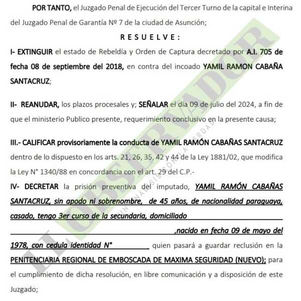 Yamil Cabaña será remitido a Emboscada bajo prisión preventiva