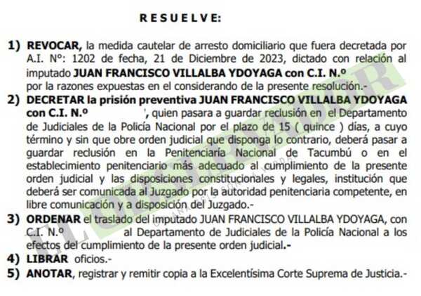 Juan Villalba vuelve a prisión preventiva tras violar arresto domiciliario