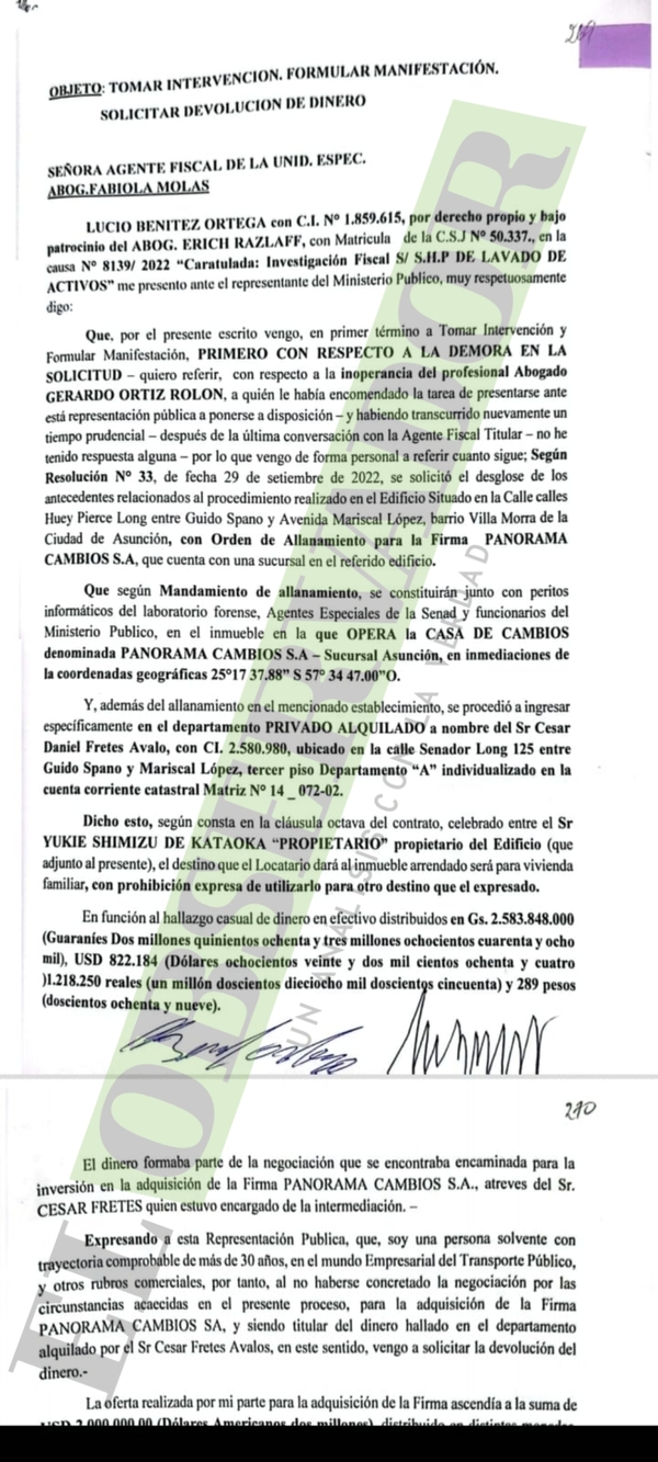 Empresario pide devolución de US$ 1.500.000 que Fiscalía incautó y considera dinero narco