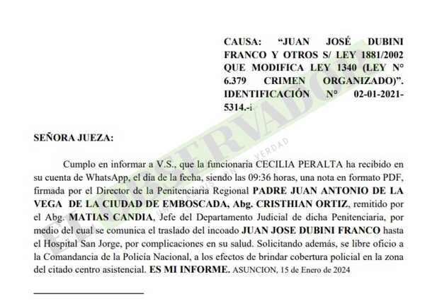 Trasladan a Juan Dubini Franco a hospital por complicaciones de salud