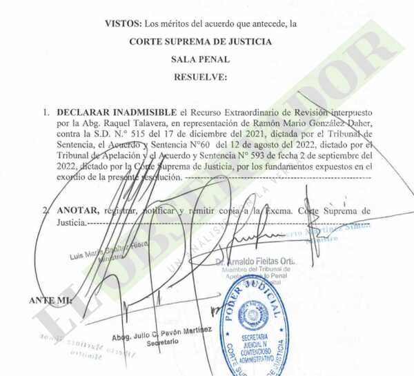 Sala Penal rechaza revisión sobre comiso de bienes en sentencia a RGD