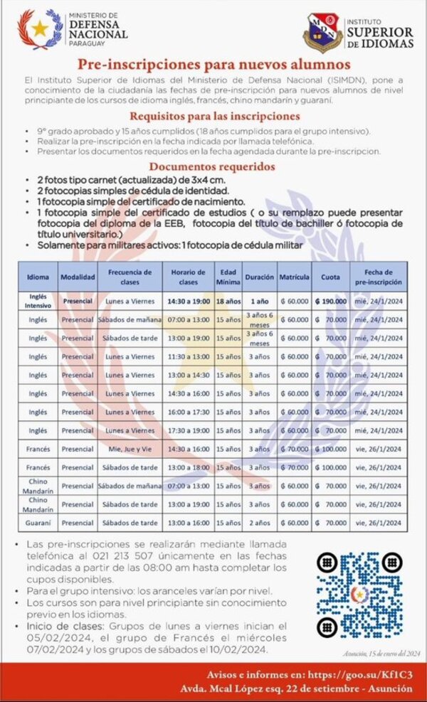 Ministerio de Defensa Nacional presenta cronograma de cursos