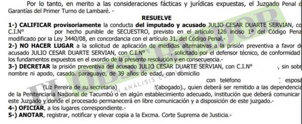 Ordenan prisión preventiva para Julio Duarte Servián en causa de secuestro