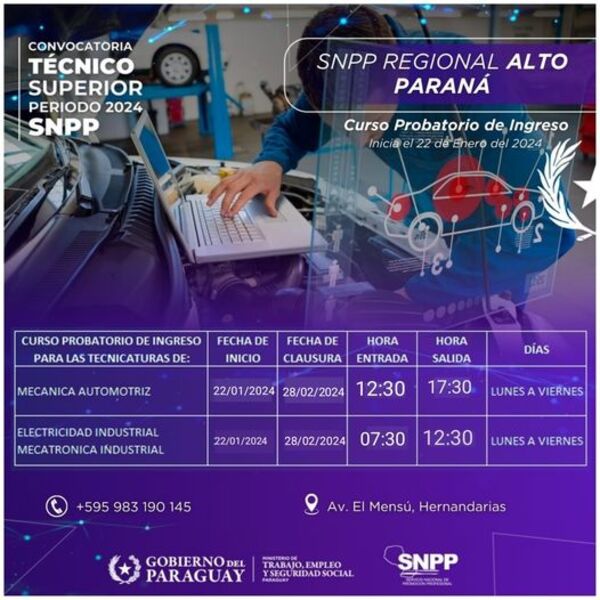 SNPP habilita cursos técnicos de mecatrónica industrial, electricidad industrial y mecánica automotriz