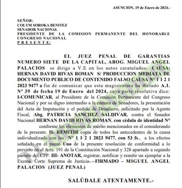 Remiten al Congreso pedido de desafuero para Hernán Rivas 