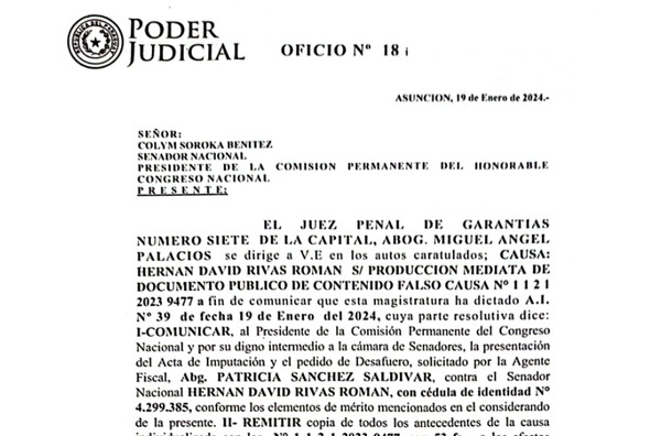 Congreso recibió pedido de desafuero de Hernán Rivas