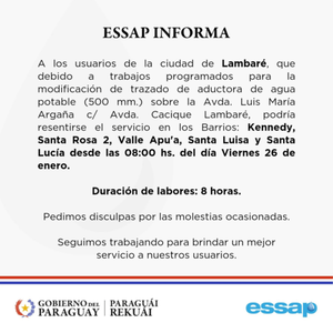 Lambare quedara 8hs sin agua… SI NO HAY COMPLICACIONES