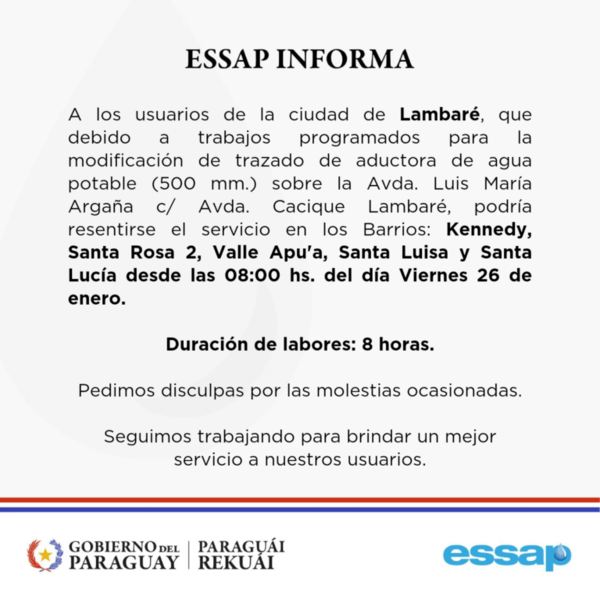 Lambare quedara 8hs sin agua… SI NO HAY COMPLICACIONES