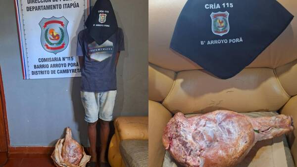 Posó para la foto con los 5 kilos de carne de chancho que robó